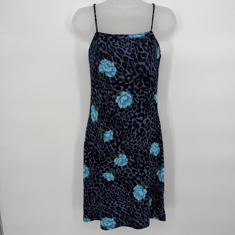 VTG 90s Y2K Sz M Candy Rocket Mini Slip Dress Stretchy Leopard Rose Fairy Grunge